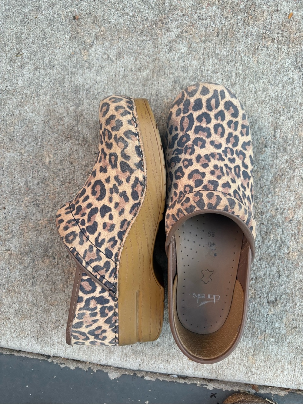 Dansko Leopard Print Platform Clogs in Tan and Black